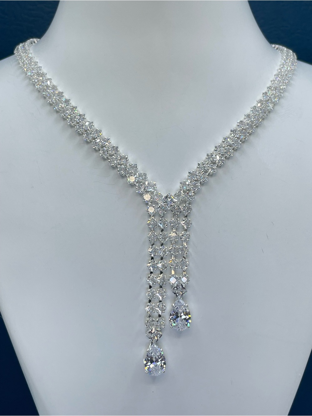 Swarovski Crystal Elements White Crystal Y Drop Tennis Necklace Bridal Formal
